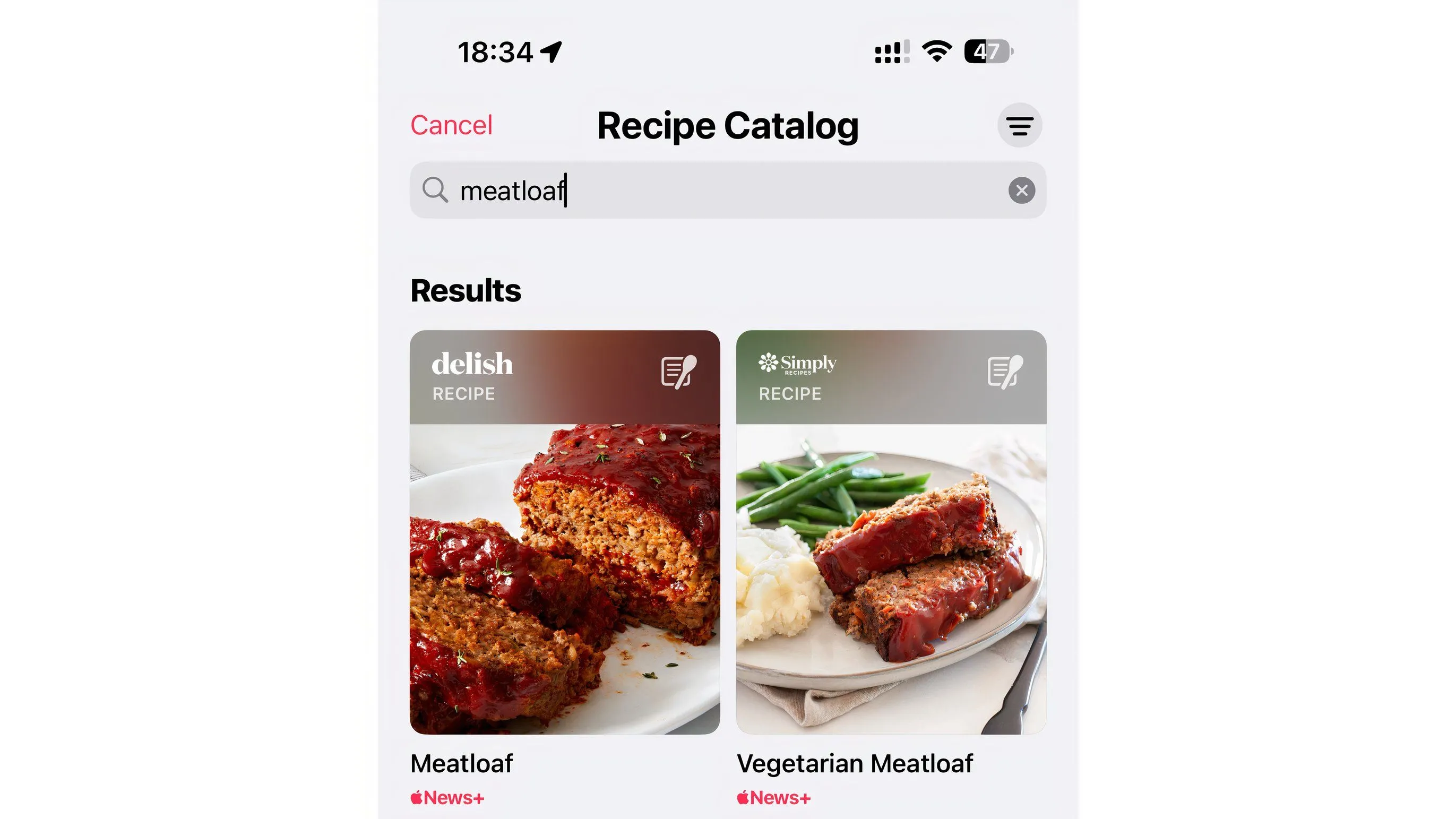 Màn hình tìm kiếm trong Apple News Food trên iPhone hiển thị kết quả cho món &quot;Thịt hầm&quot; (Meatloaf), minh họa chức năng tìm kiếm công thức