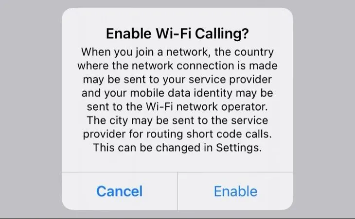 Màn hình xác nhận bật Wi-Fi Calling trên iPhone, minh họa tính năng tiết kiệm pin