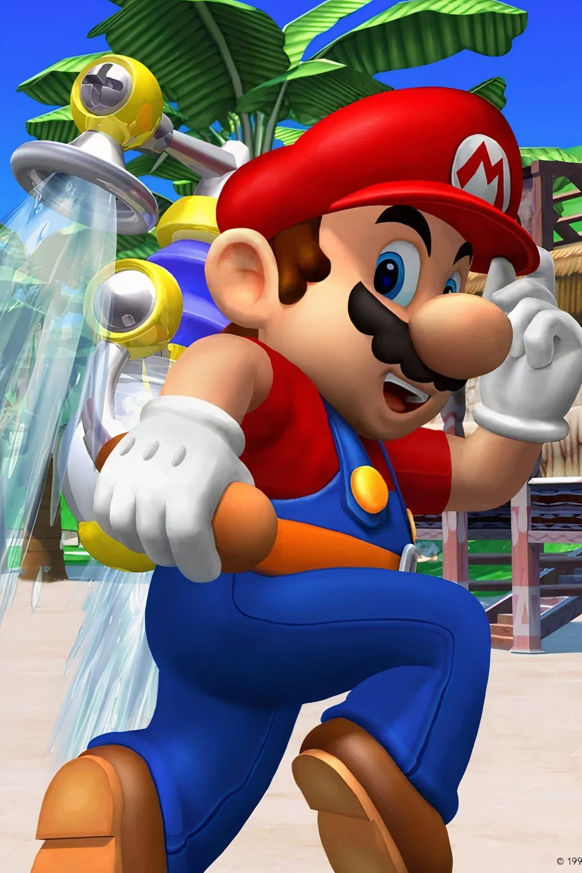 Mario cưỡi F.L.U.D.D. bay lượn trên một bãi biển đầy nắng của Đảo Delfino