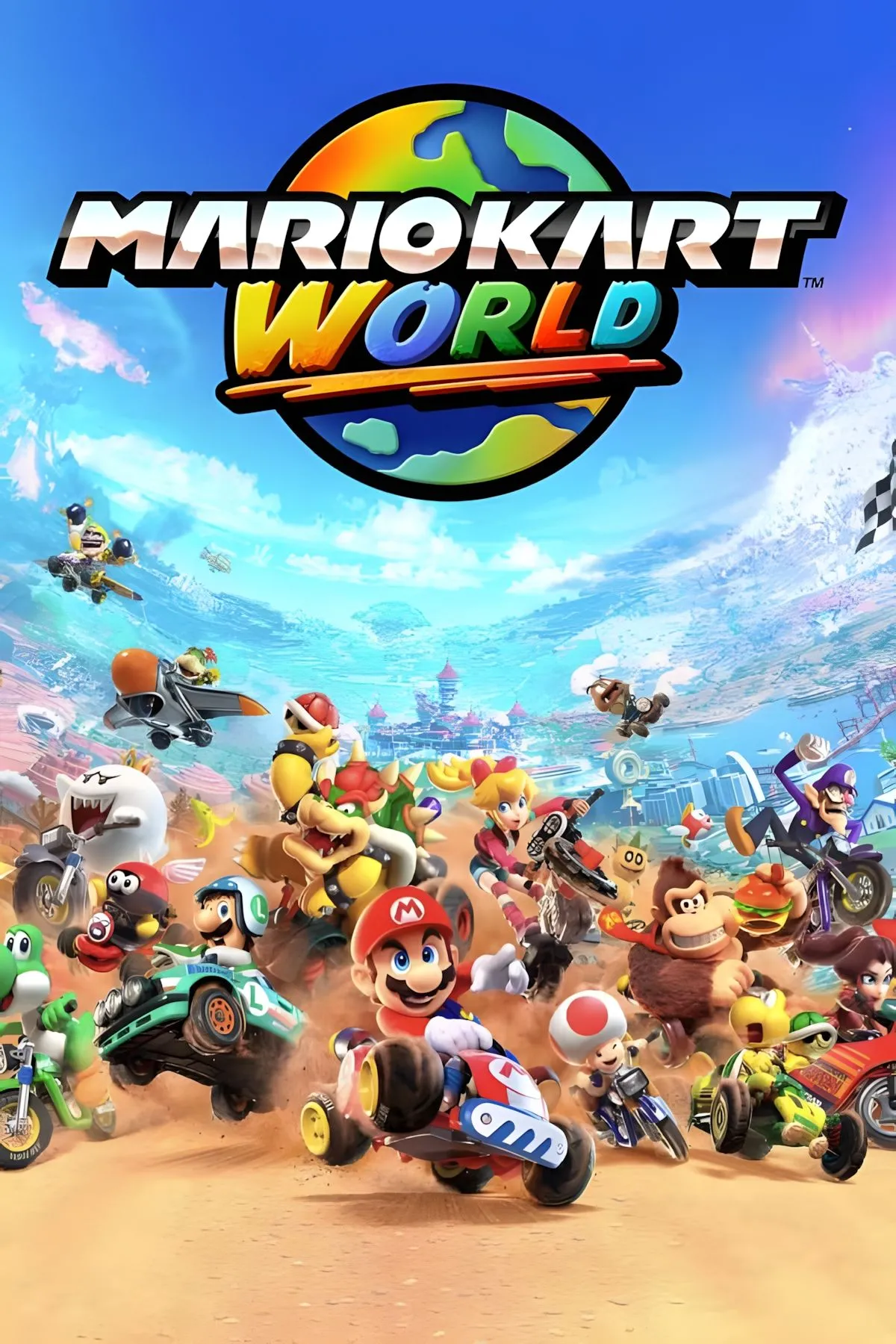 Mario và các nhân vật đang đua xe trong Mario Kart World.