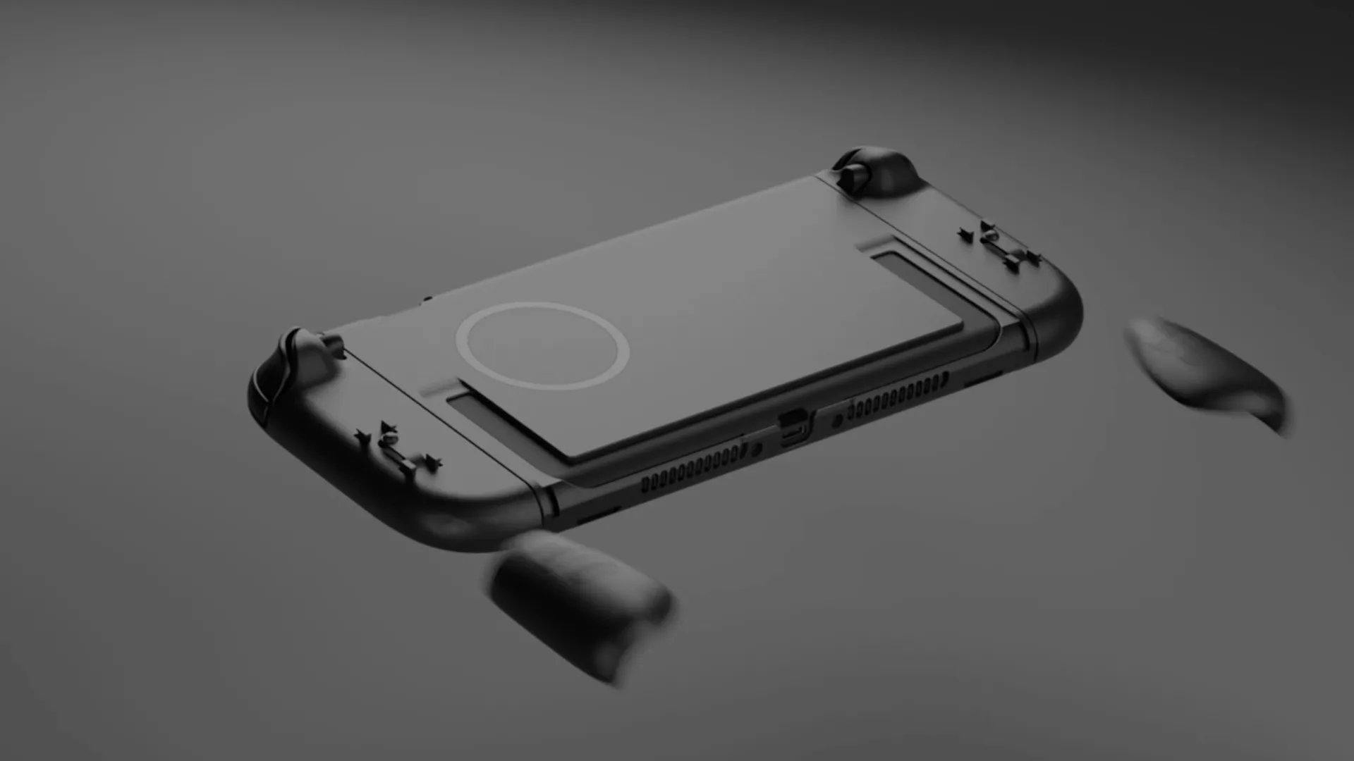 Mặt lưng mô hình Nintendo Switch 2 với ốp lưng Genki đang tháo rời tay cầm, tiết lộ vòng tròn gợi ý khả năng sạc không dây Qi2