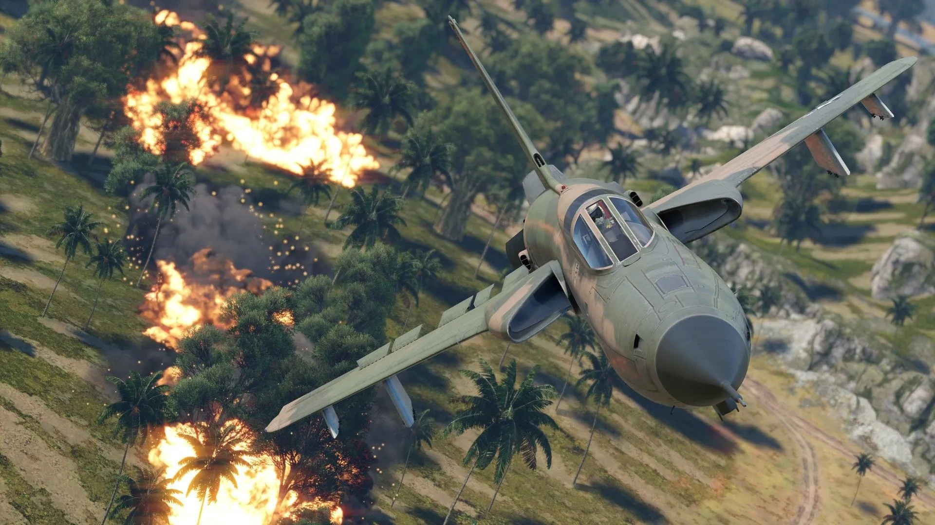 Máy bay F-105 Thunderchief thực hiện không kích trong game War Thunder, thể hiện quy mô và tính chân thực của trận chiến không quân.