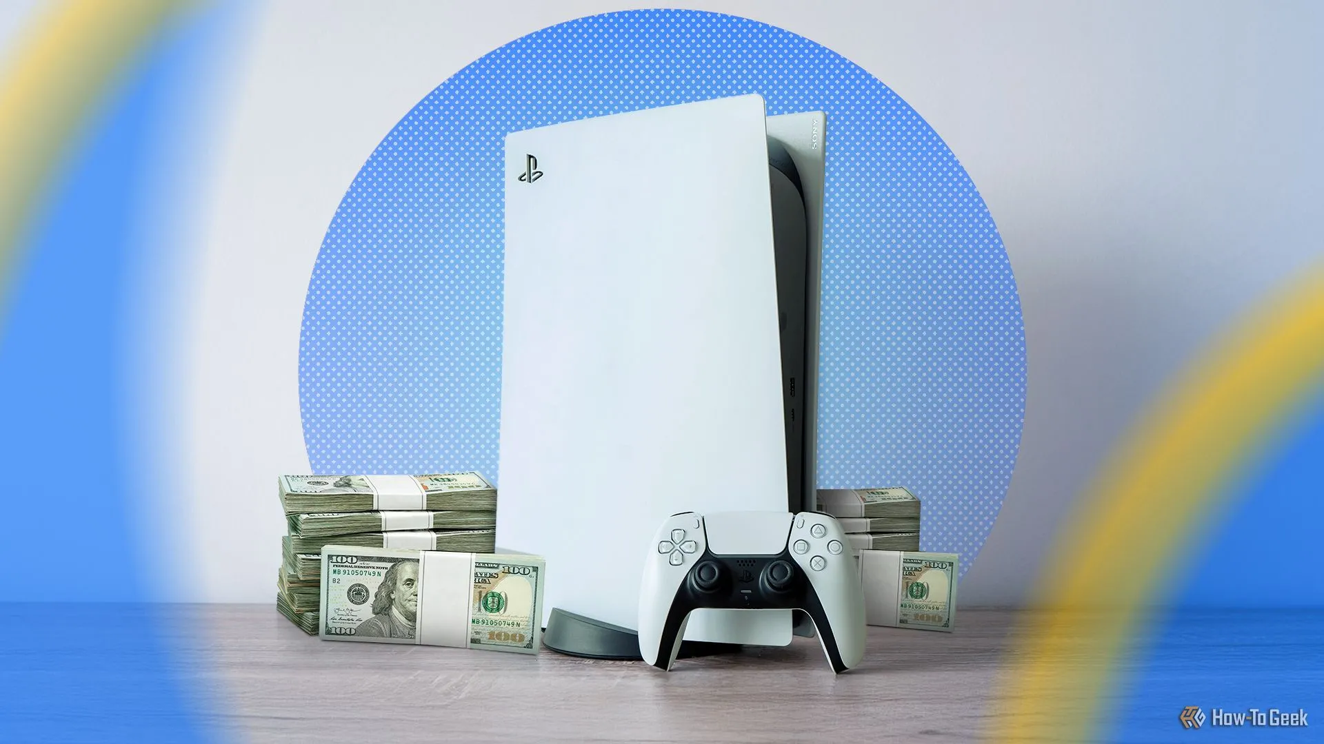 Máy chơi game PlayStation 5 bên cạnh chồng tiền, biểu trưng cho chi phí console cao và xu hướng cloud gaming thay thế