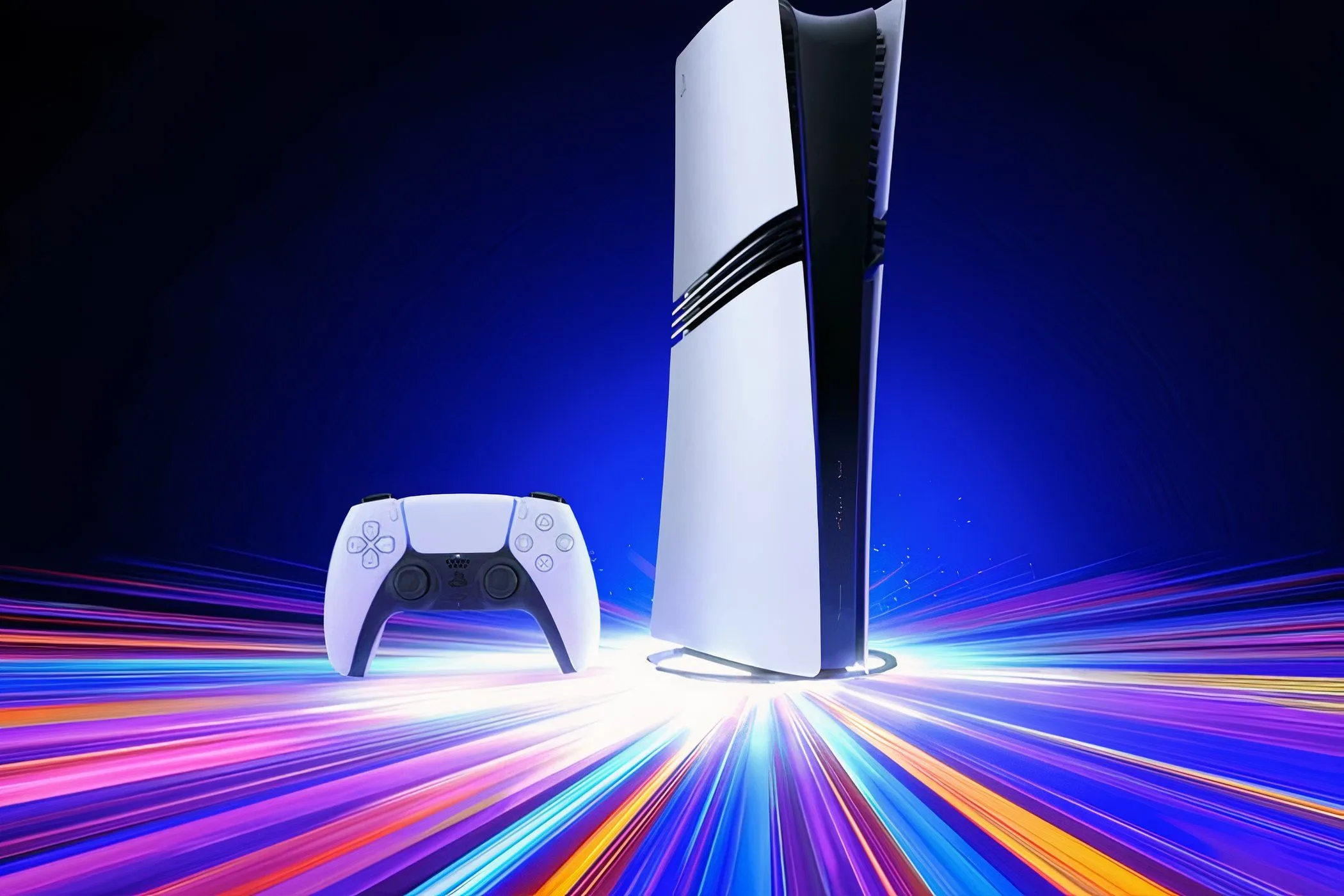 Máy chơi game PlayStation 5 Pro với đèn nền xanh, đại diện cho thế hệ console hiệu năng cao hiện tại.