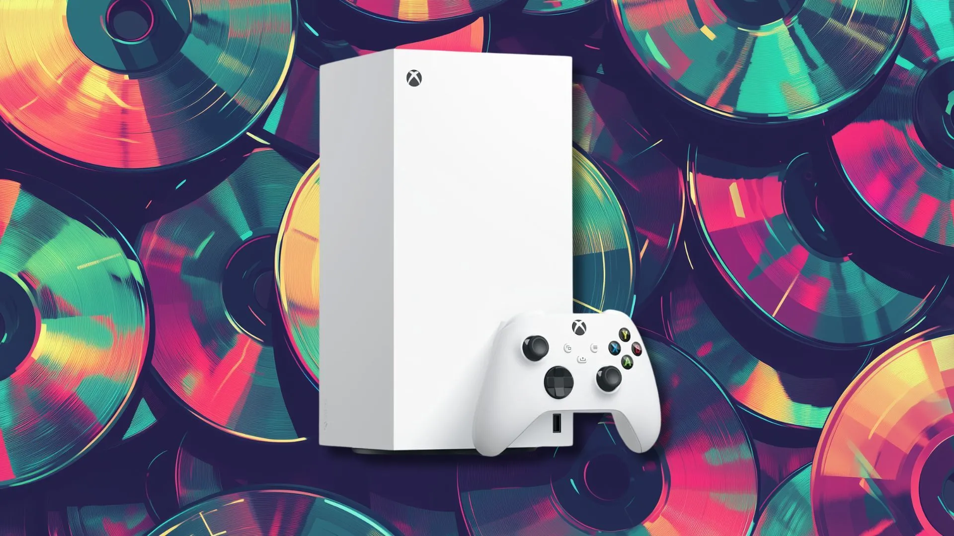 Máy console Xbox Series X màu trắng nổi bật trên nền các đĩa game, minh họa tính năng stream game.