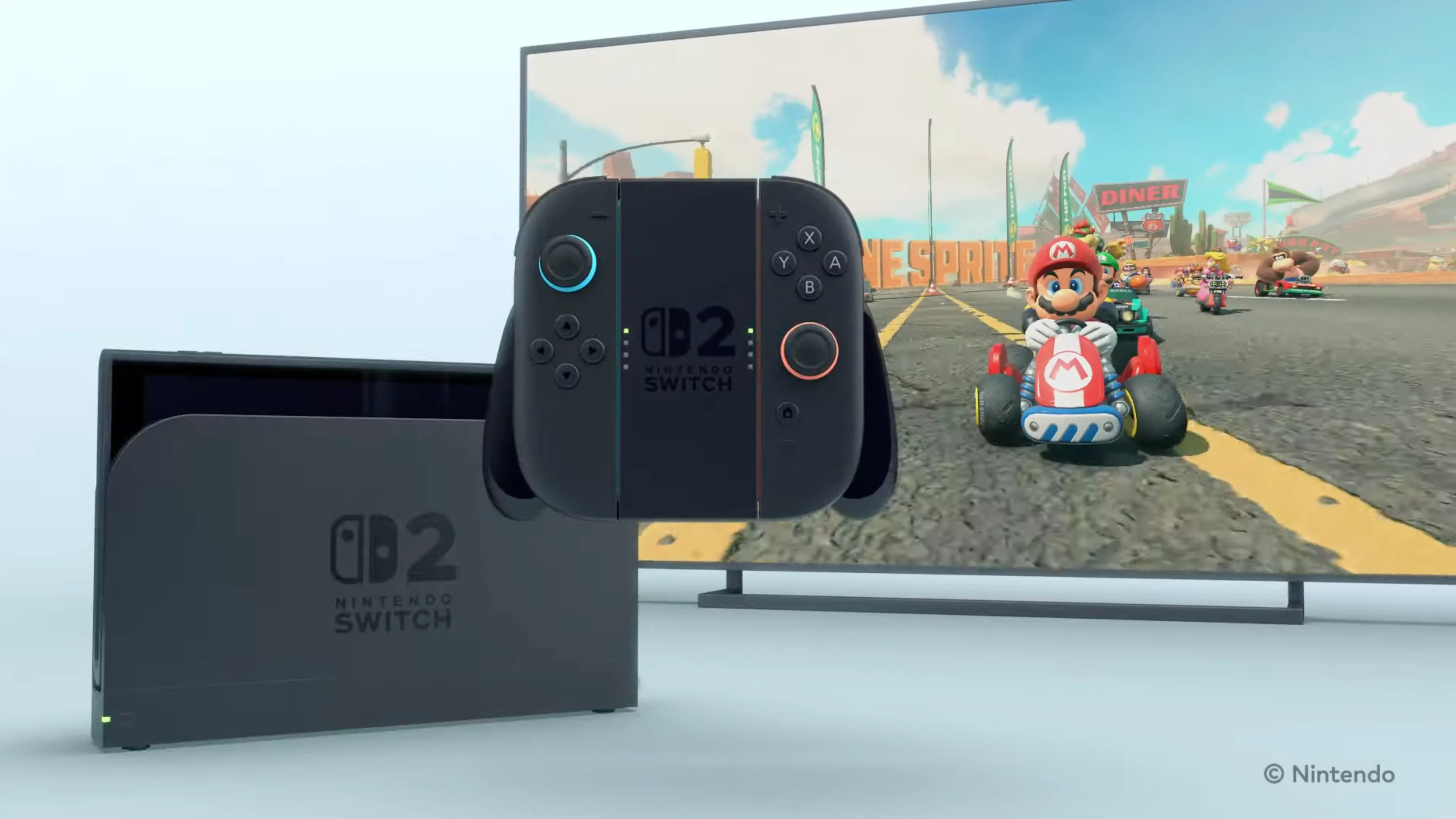 Máy Nintendo Switch 2 được gắn vào dock, hiển thị cảnh chơi game Mario Kart World, minh họa cho gói ưu đãi đặc biệt.