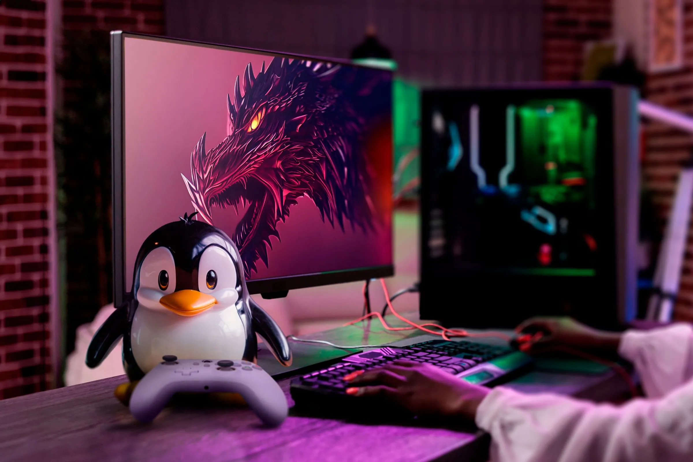 Máy tính chơi game hiển thị Garuda Linux trên màn hình với linh vật Tux và bộ điều khiển bên cạnh, nhấn mạnh phiên bản Gaming của Garuda Linux.