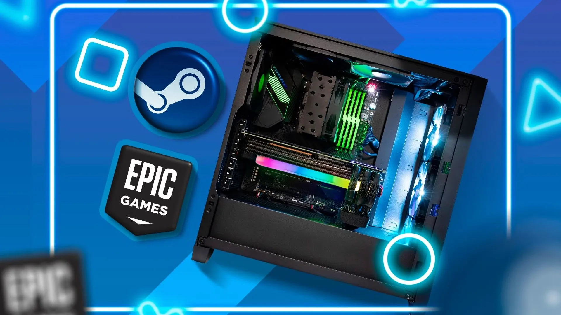 Máy tính chơi game với logo Steam và Epic Games, minh họa sự cạnh tranh giữa hai nền tảng game PC lớn nhất
