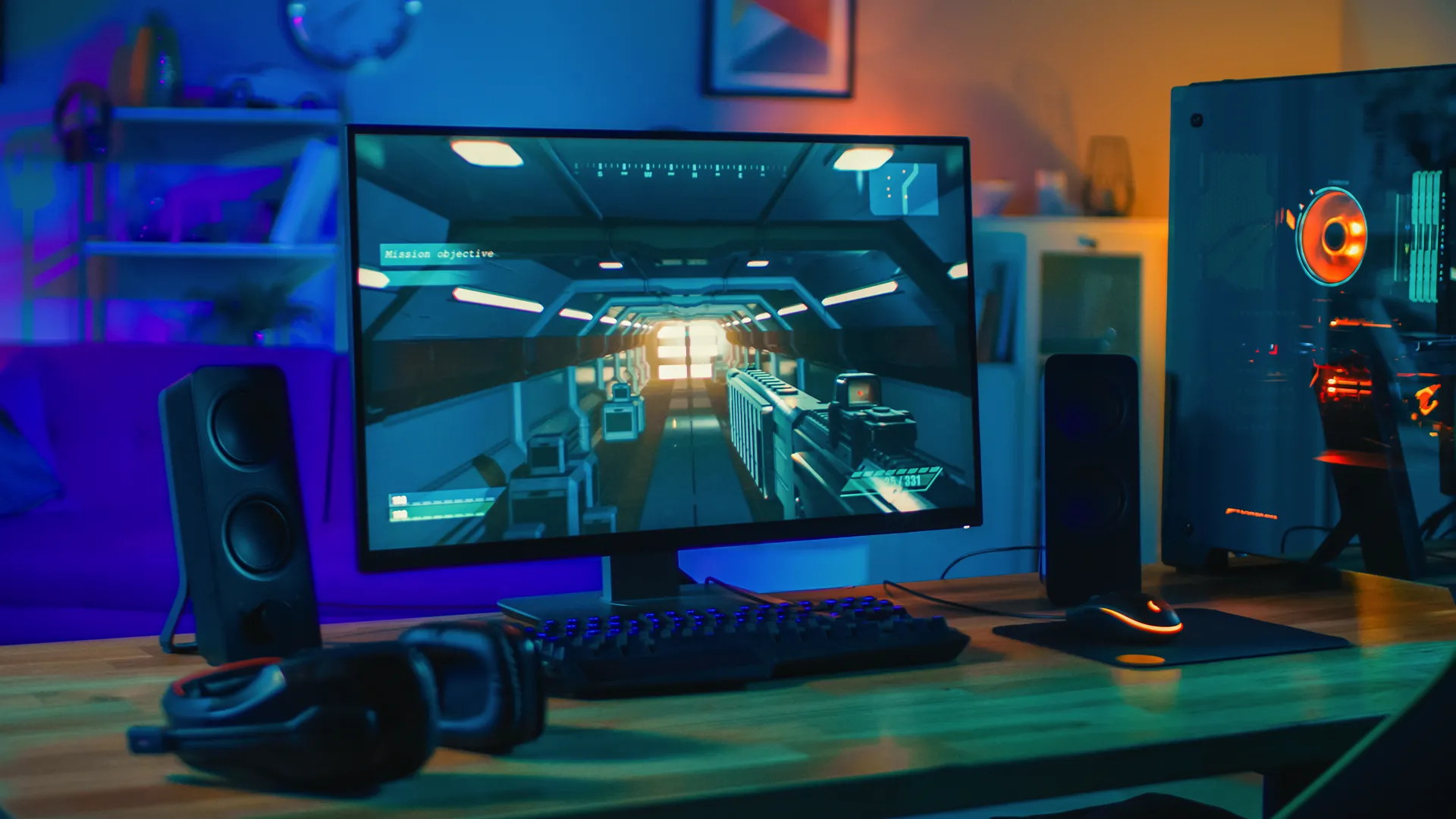 Máy tính gaming cấu hình cao với màn hình hiển thị game, minh họa trải nghiệm chơi game mượt mà với card đồ họa RTX 5060 Ti.