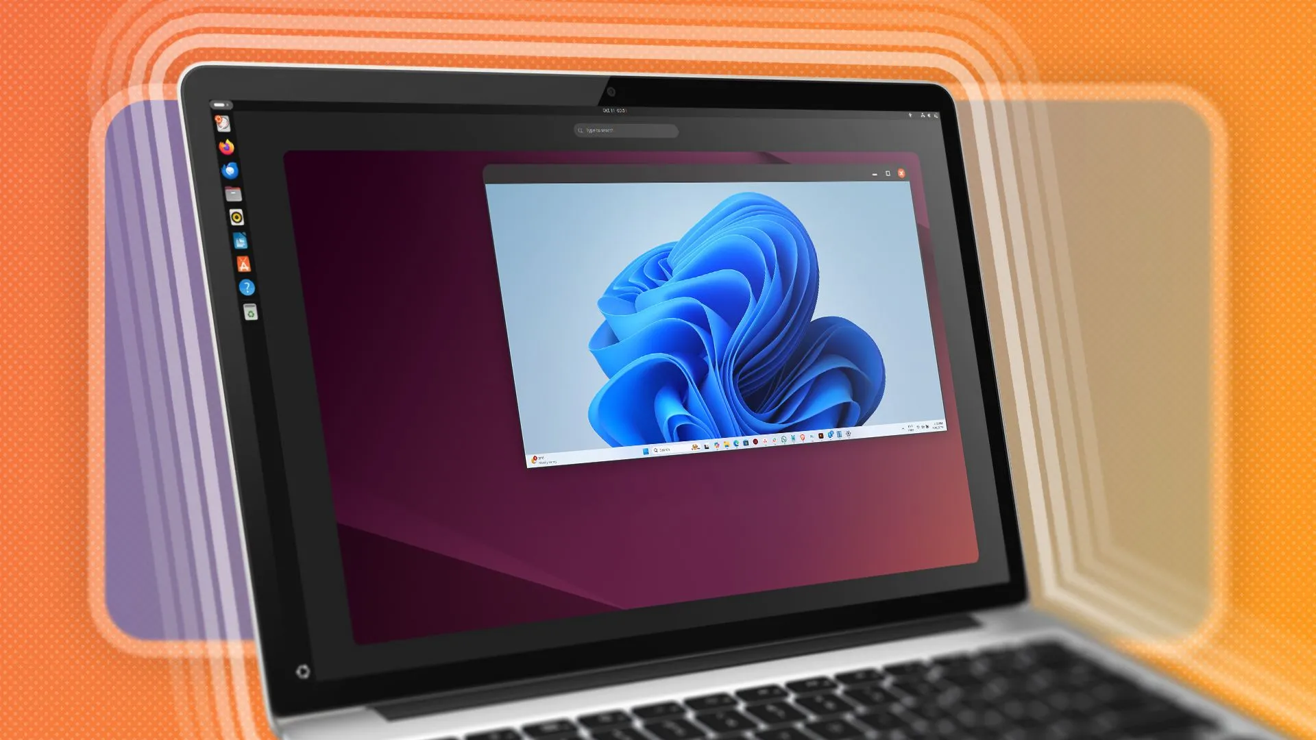Máy tính xách tay chạy Ubuntu với cửa sổ Windows mở bên trong, minh họa một máy ảo hoạt động trên hệ điều hành chủ.