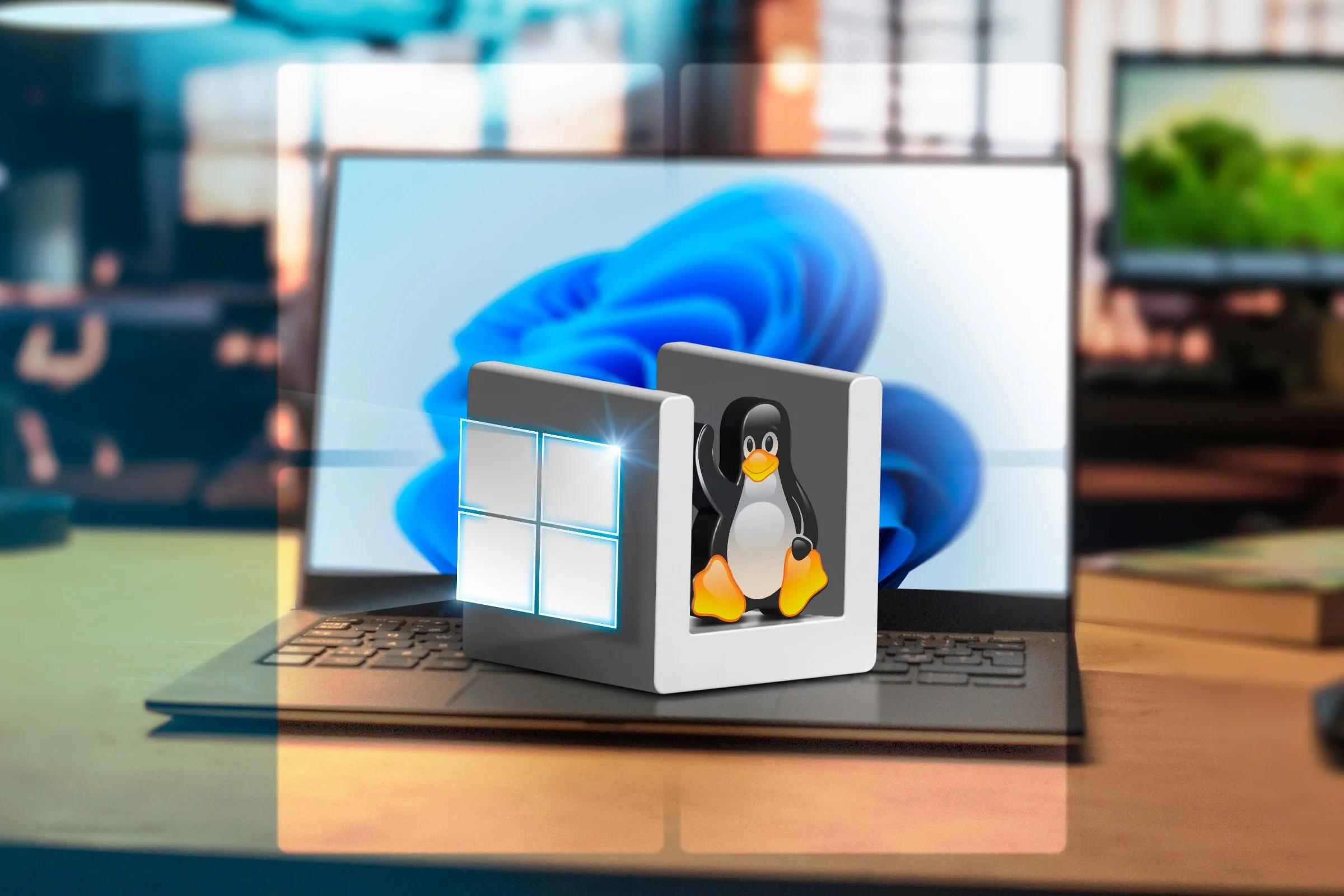 Máy tính xách tay chạy Windows 11, với biểu tượng Windows và Linux thể hiện sự kết hợp của WSL