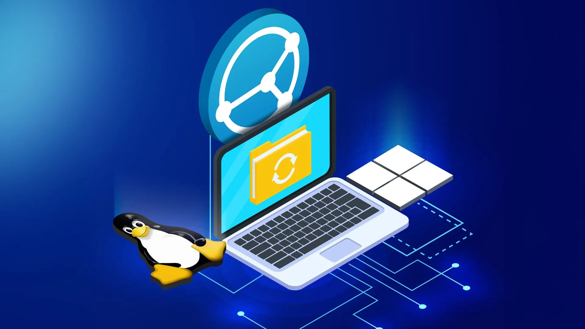 Máy tính xách tay kết nối với các biểu tượng Syncthing, Windows và Linux, minh họa quá trình đồng bộ hóa file giữa các hệ điều hành.