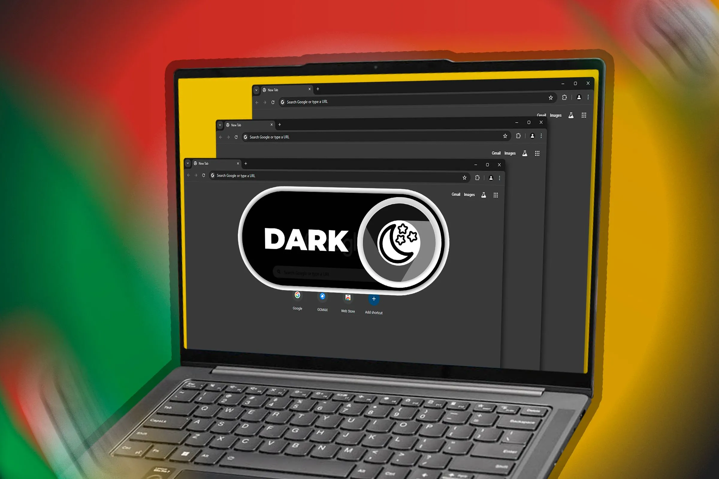 Máy tính xách tay với các cửa sổ Google Chrome mở và tùy chọn chuyển đổi chế độ tối.