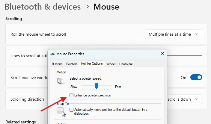 Menu cài đặt chuột nâng cao trong Windows 11, hiển thị tùy chọn &quot;Enhance Pointer Precision&quot; (Độ chính xác con trỏ nâng cao) cần được bỏ chọn.