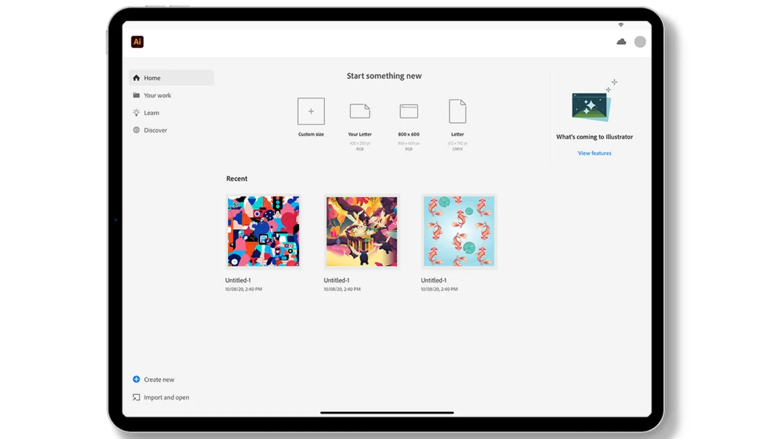 Menu chính của Adobe Illustrator đang chạy trên iPad.