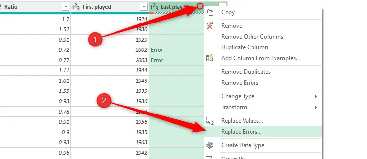 Menu chuột phải trên tiêu đề cột trong Power Query Editor, chọn &quot;Replace Errors&quot; (Thay thế lỗi).