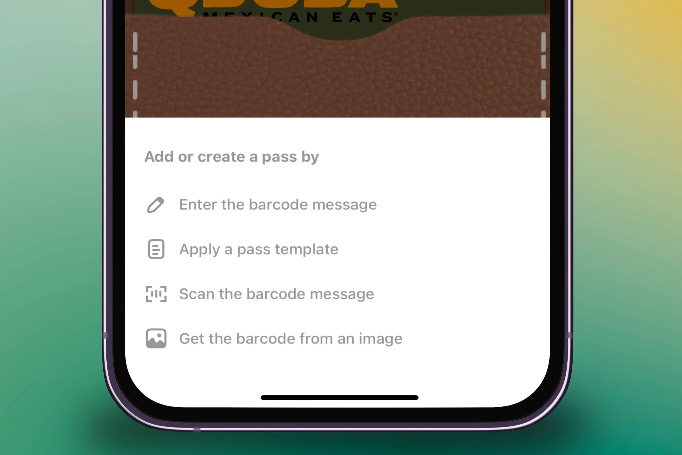 Menu hiển thị các phương pháp nhập mã vạch vào ứng dụng Pass2U trên iPhone, hỗ trợ chuyển đổi thẻ vật lý thành kỹ thuật số.