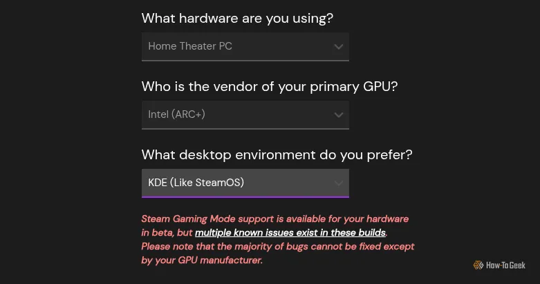 Menu lựa chọn phiên bản Bazzite OS khi tải về để cài đặt console game Linux