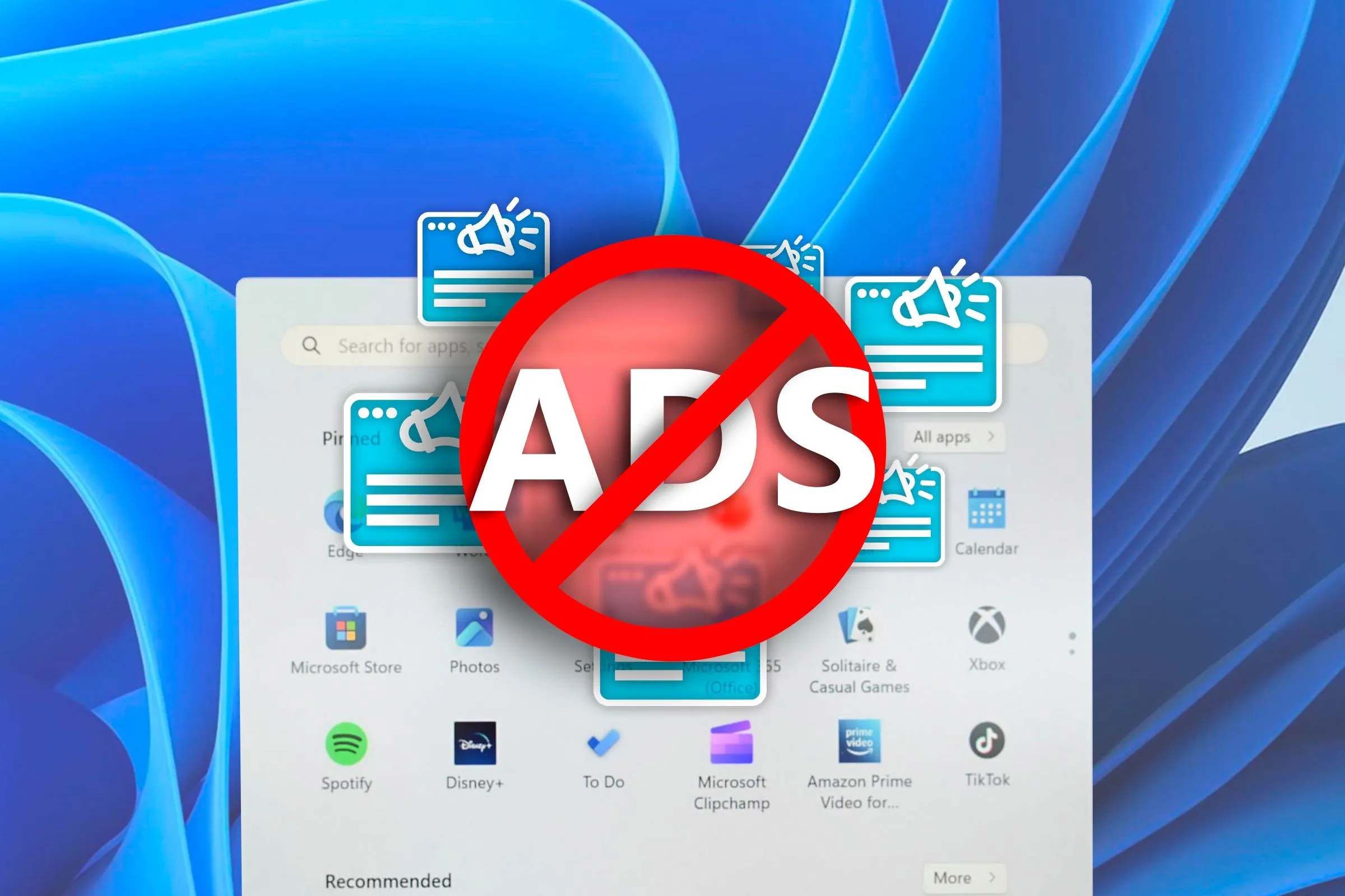 Menu Start của Windows 11 với các biểu tượng quảng cáo và tùy chọn chặn