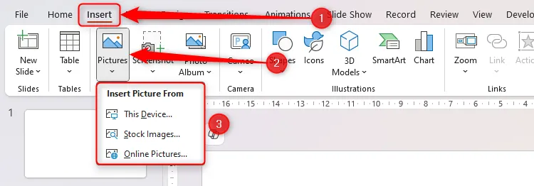 Menu thả xuống Ảnh trong PowerPoint, với các vị trí duyệt ảnh khác nhau được hiển thị