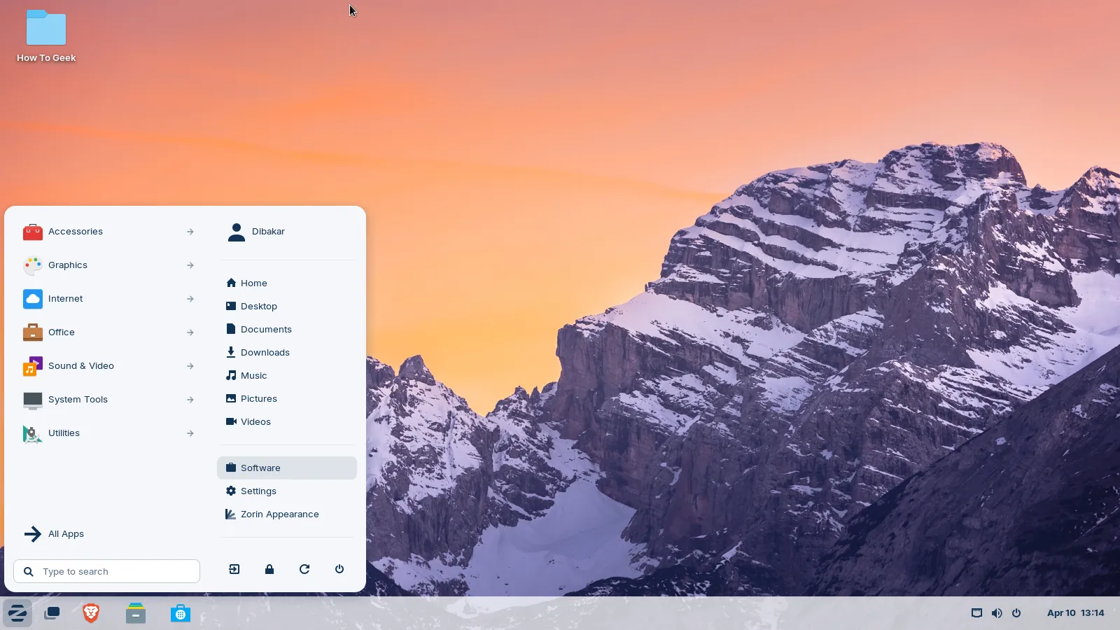 Menu ứng dụng của Zorin OS, thể hiện bố cục giống Start Menu của Windows với các biểu tượng ứng dụng và thanh tìm kiếm.