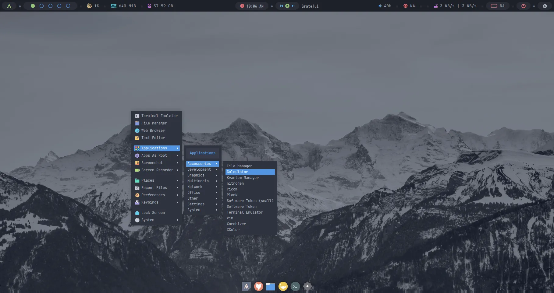 Menu ứng dụng xuất hiện khi nhấp chuột phải trên Archcraft, thể hiện sự tập trung vào window manager và giao diện tối giản.
