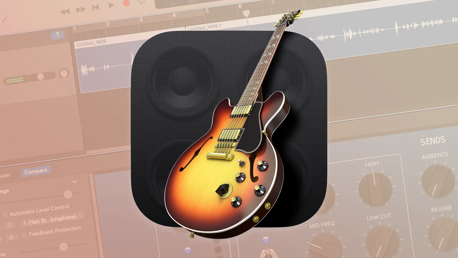 Minh họa biểu tượng ứng dụng GarageBand, công cụ tạo nhạc chuyên nghiệp trên iPhone.