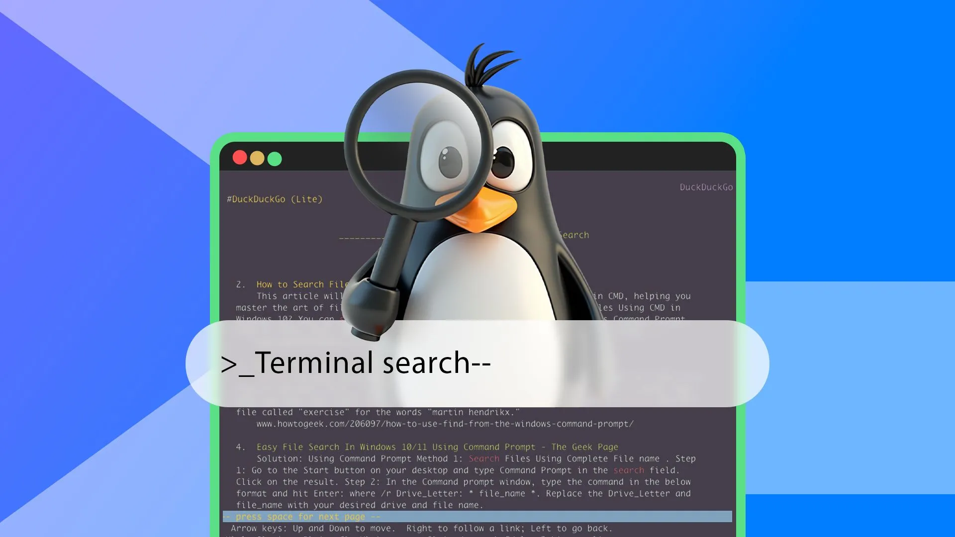 Minh họa kỹ năng tự tìm hiểu trên Linux với giao diện terminal và biểu tượng Tux cầm kính lúp.