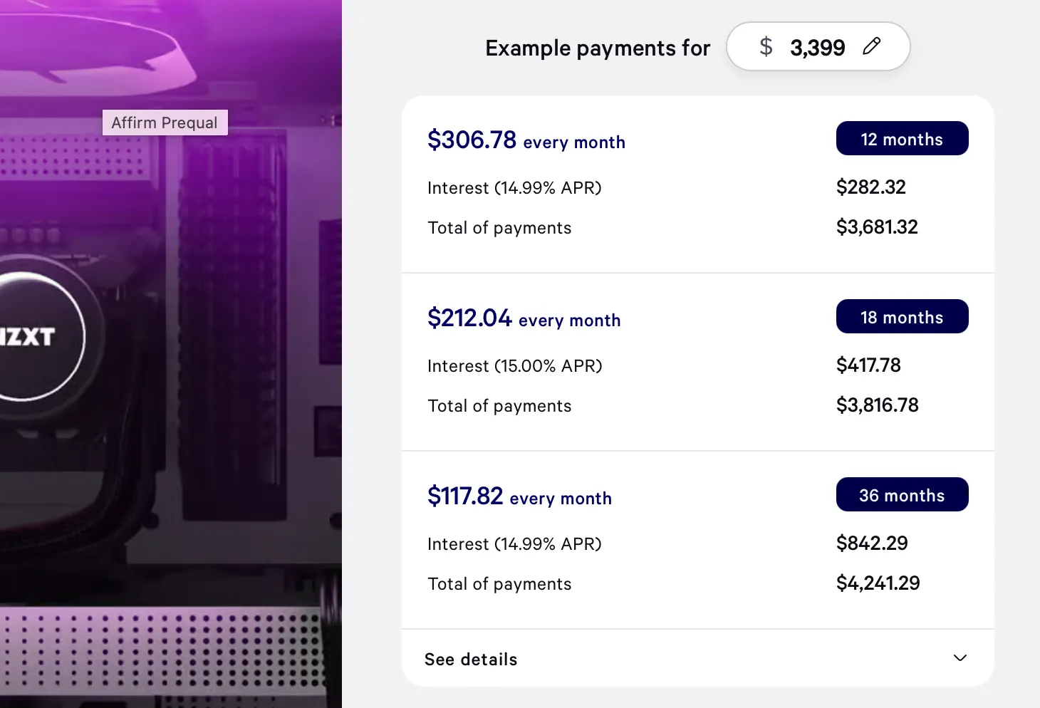 Minh họa tổng chi phí tài chính khi mua trả góp một chiếc PC gaming NZXT Player Three Prime