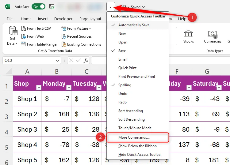 Mở menu thả xuống Customize Quick Access Toolbar trong Excel và chọn More Commands
