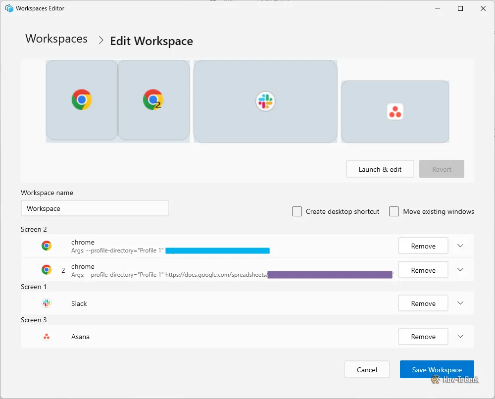 Một bố cục Workspace được tùy chỉnh để khởi động các ứng dụng và trang web làm việc hàng ngày.