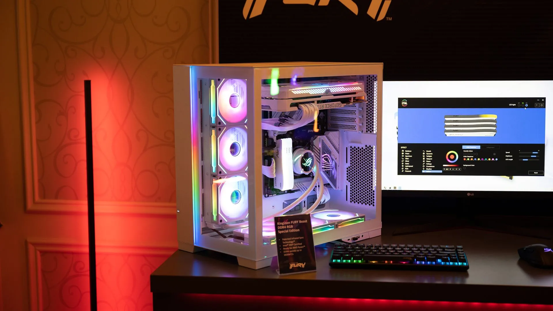 Một bộ máy tính chơi game PC cao cấp với nhiều linh kiện đắt tiền như RAM Kingston, quạt RGB, tản nhiệt MSI và GPU GeForce RTX, minh họa chi phí phần cứng cao