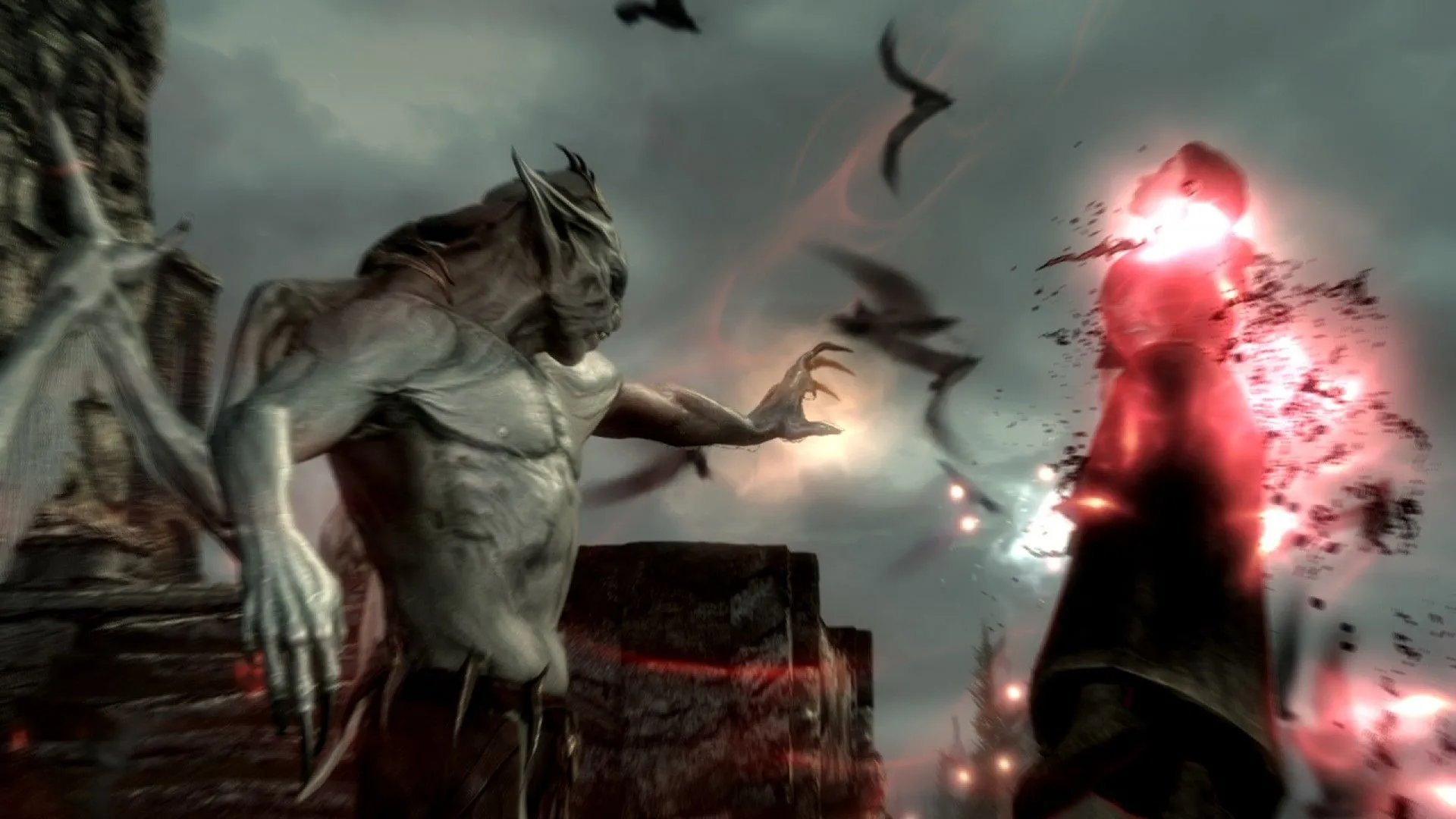 Một cảnh chiến đấu trong bản mở rộng Dawnguard của The Elder Scrolls V Skyrim, thể hiện sự đa dạng vũ khí và phép thuật