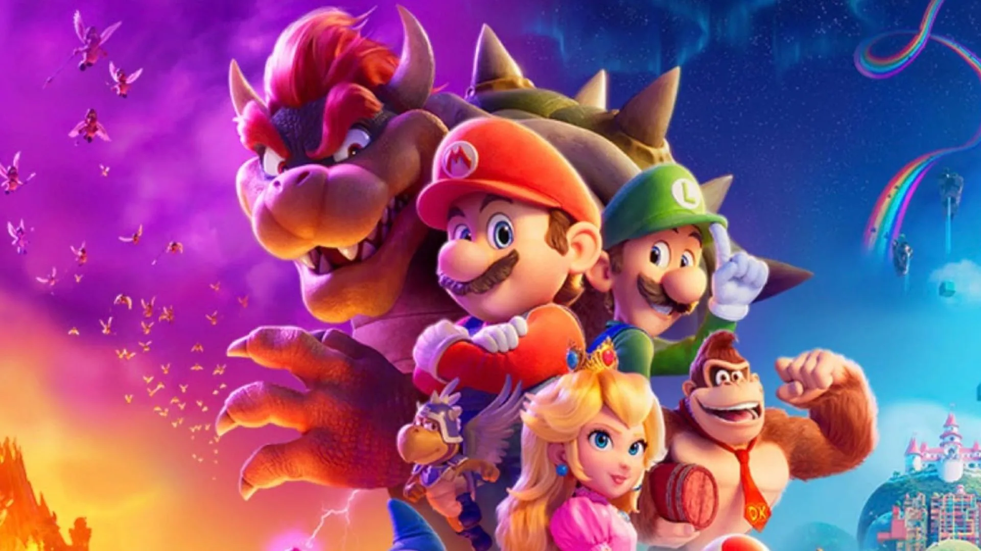 Một cảnh từ bộ phim Super Mario Movie, với các nhân vật chính Mario, Luigi, Công chúa Peach và Donkey Kong