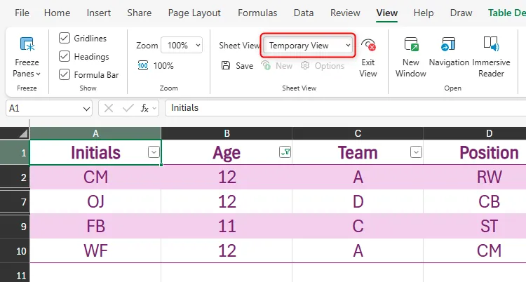 Một chế độ xem trang tính mới tạm thời (Temporary View) được tạo trong Excel cho web.
