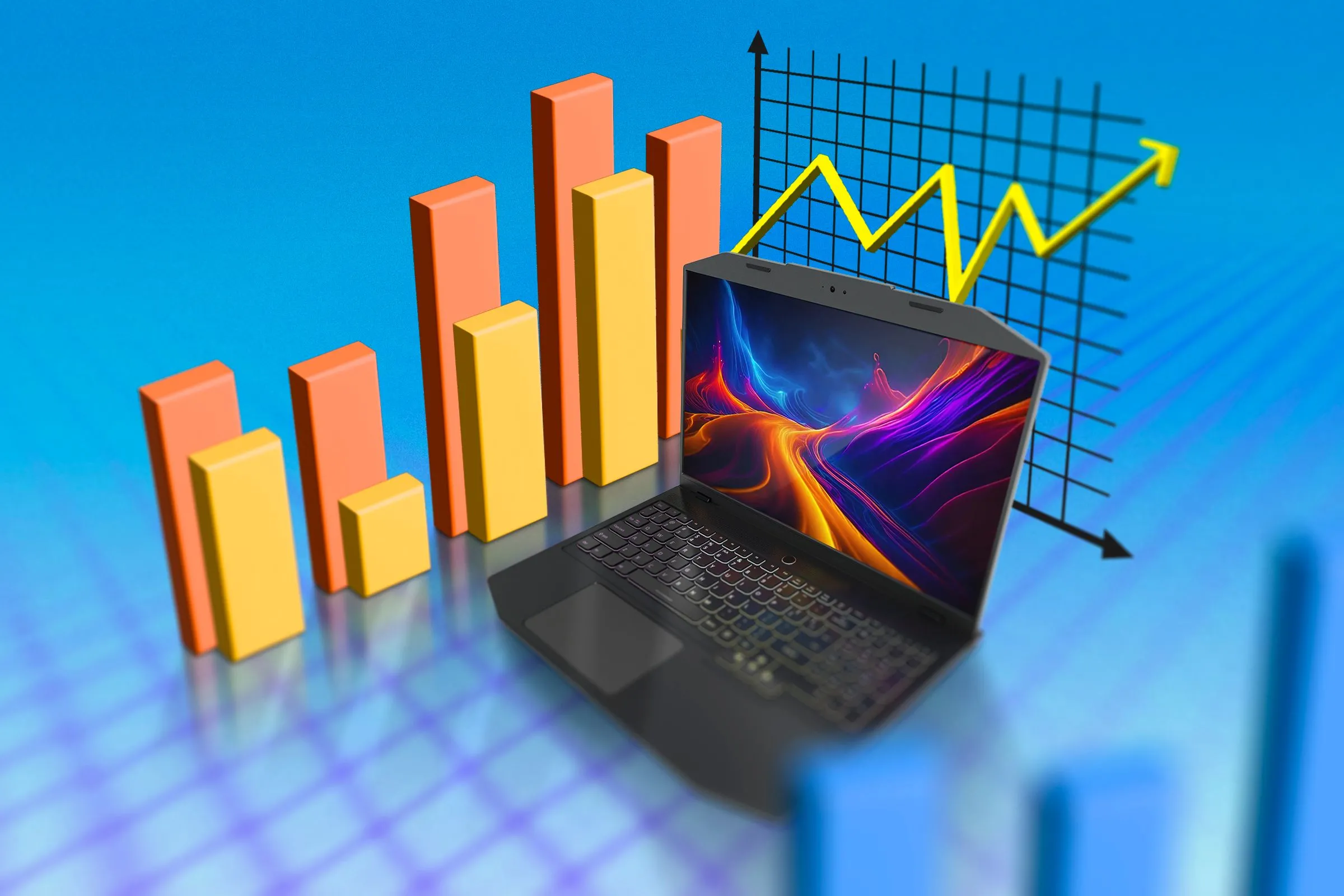 Một chiếc laptop với một số biểu đồ benchmark bên cạnh.