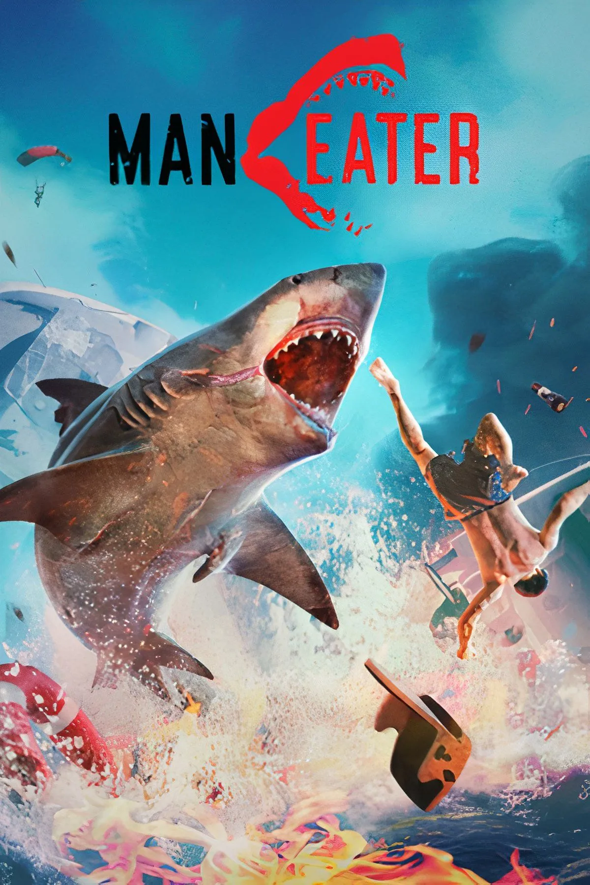 Một con cá mập khổng lồ đang bơi trong vùng nước nông gần bãi biển đầy nắng trong Maneater