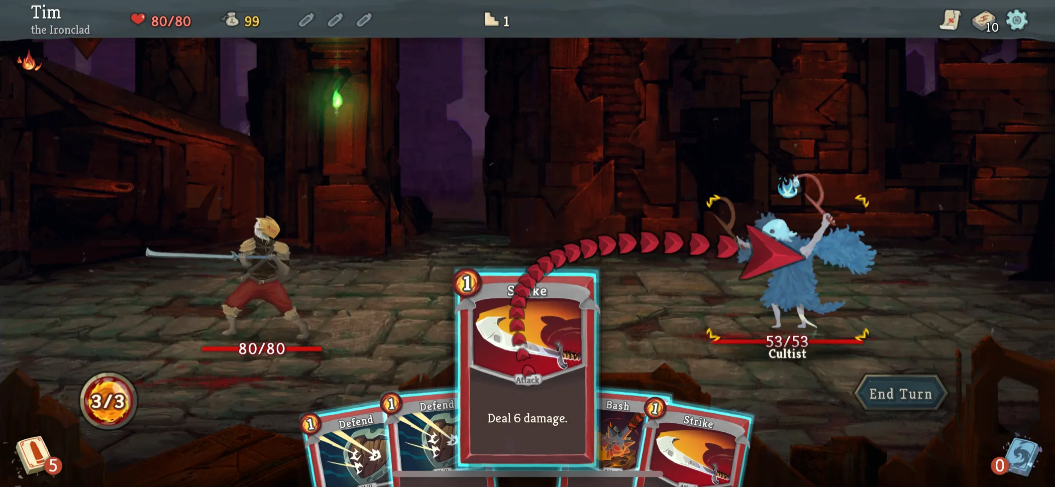 Một lá bài sát thương đang được sử dụng trong game Slay the Spire+ trên Apple Arcade.