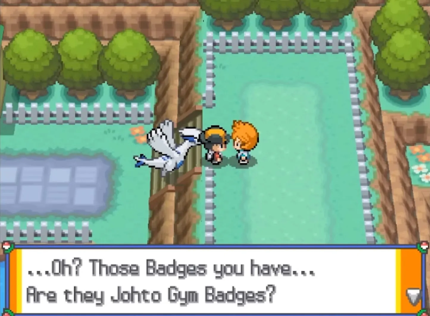 Một người chơi bị một người lạ thẩm vấn trong ROM hack Pokémon Storm Silver, diễn ra tại một khu rừng.