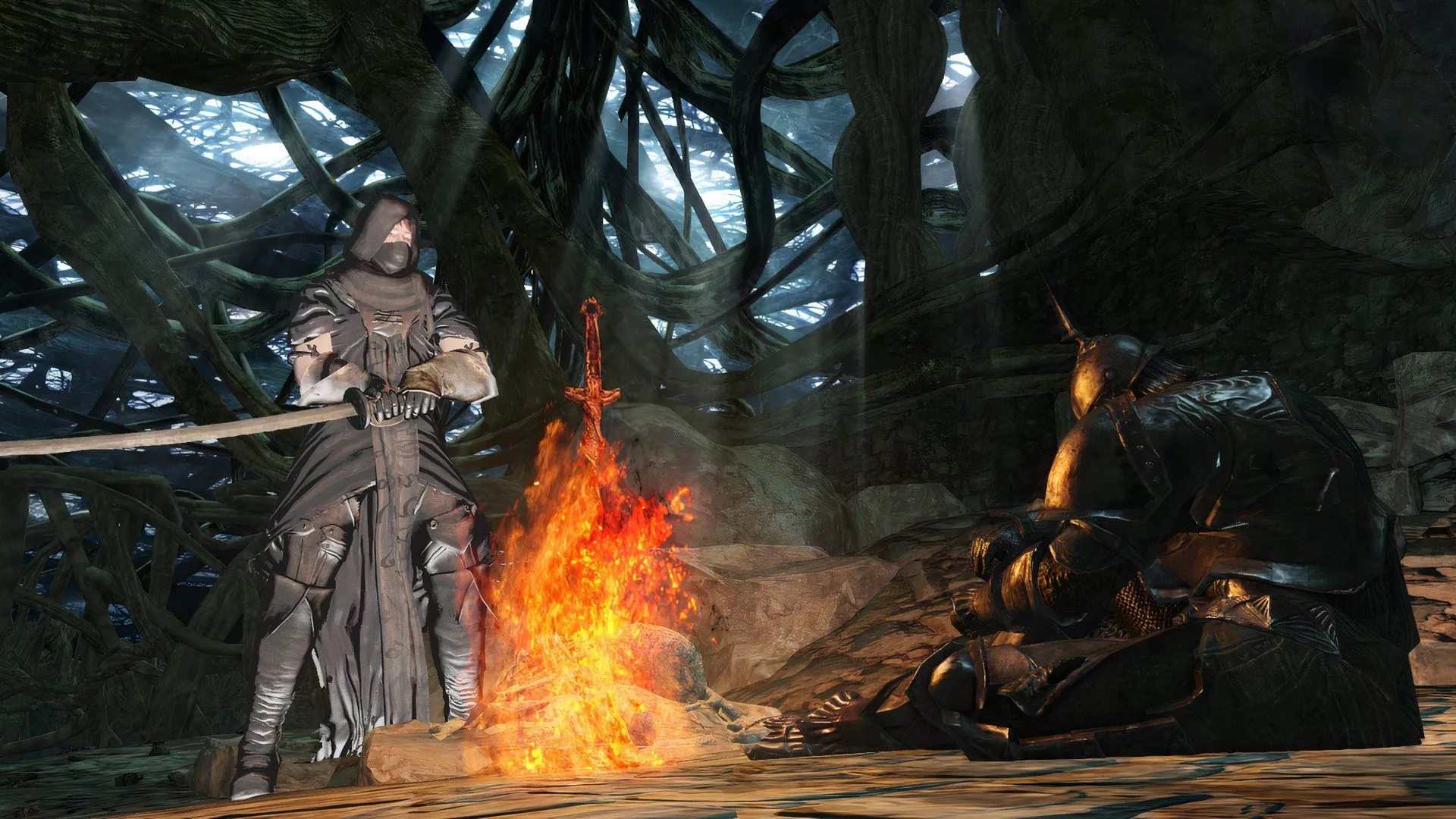 Một người chơi đang nghỉ ngơi tại Bonfire trong Dark Souls 2, biểu tượng của sự thư giãn sau thử thách.
