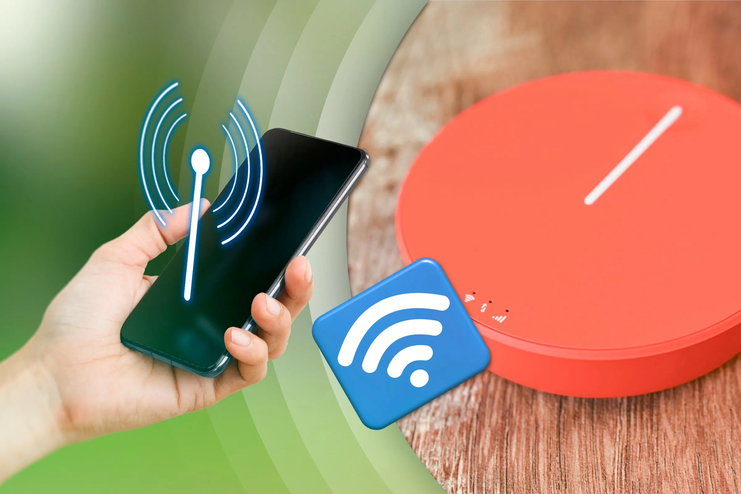 Một người đang cầm điện thoại với biểu tượng hotspot, cạnh đó là một điện thoại trên bàn kết nối Wi-Fi, minh họa chức năng chia sẻ kết nối internet từ điện thoại.