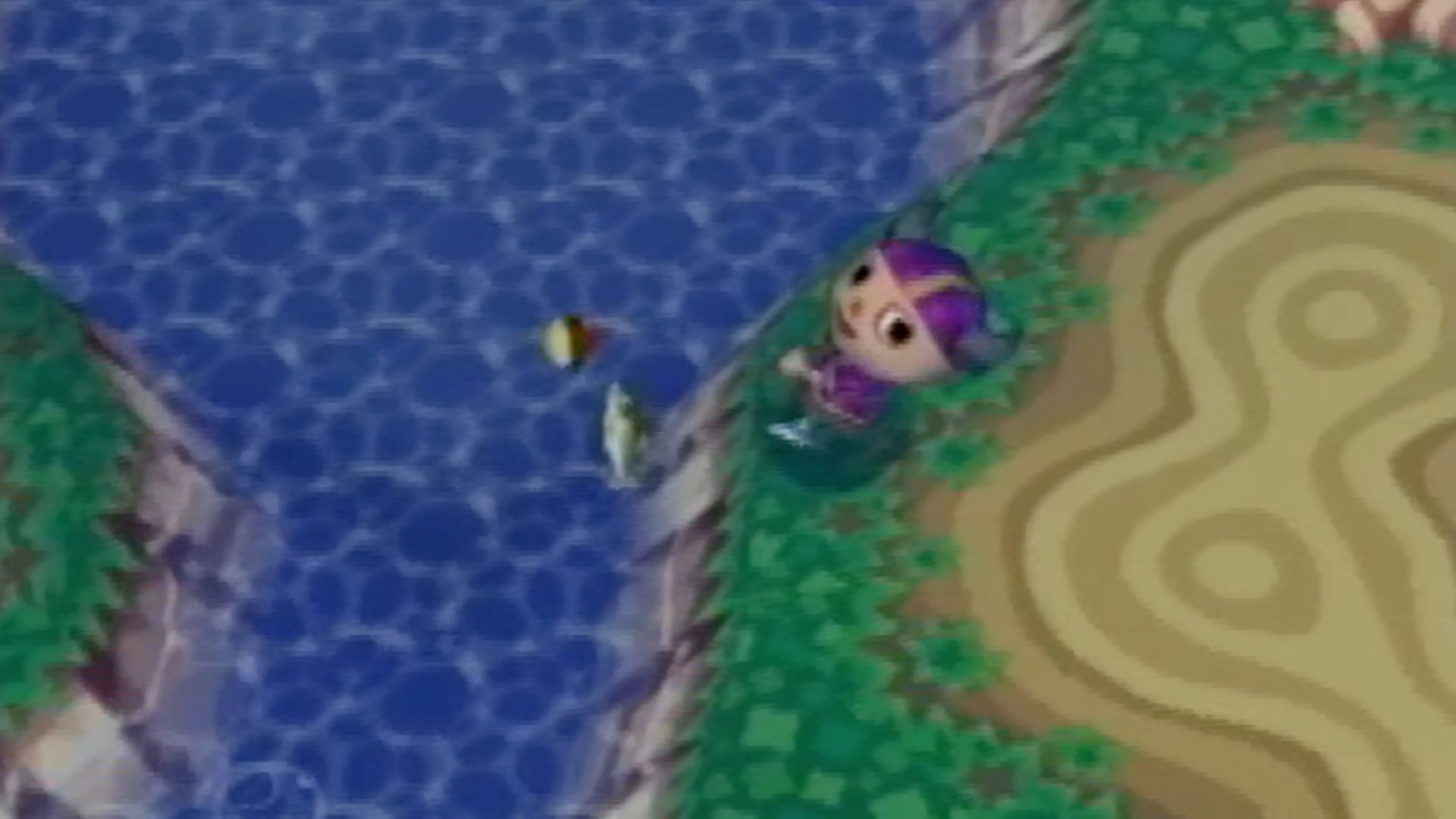 Một nhân vật đang câu cá trong game Animal Crossing phiên bản GameCube.