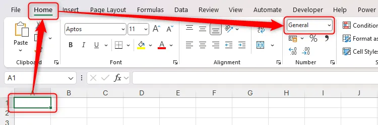 Một ô trong Excel được chọn và định dạng số General trong tab Home được làm nổi bật