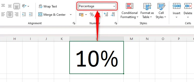 Một trang tính Excel hiển thị tỷ lệ phần trăm trong ô L1 và định dạng số tương ứng trong nhóm Number của tab Home phản ánh loại dữ liệu này