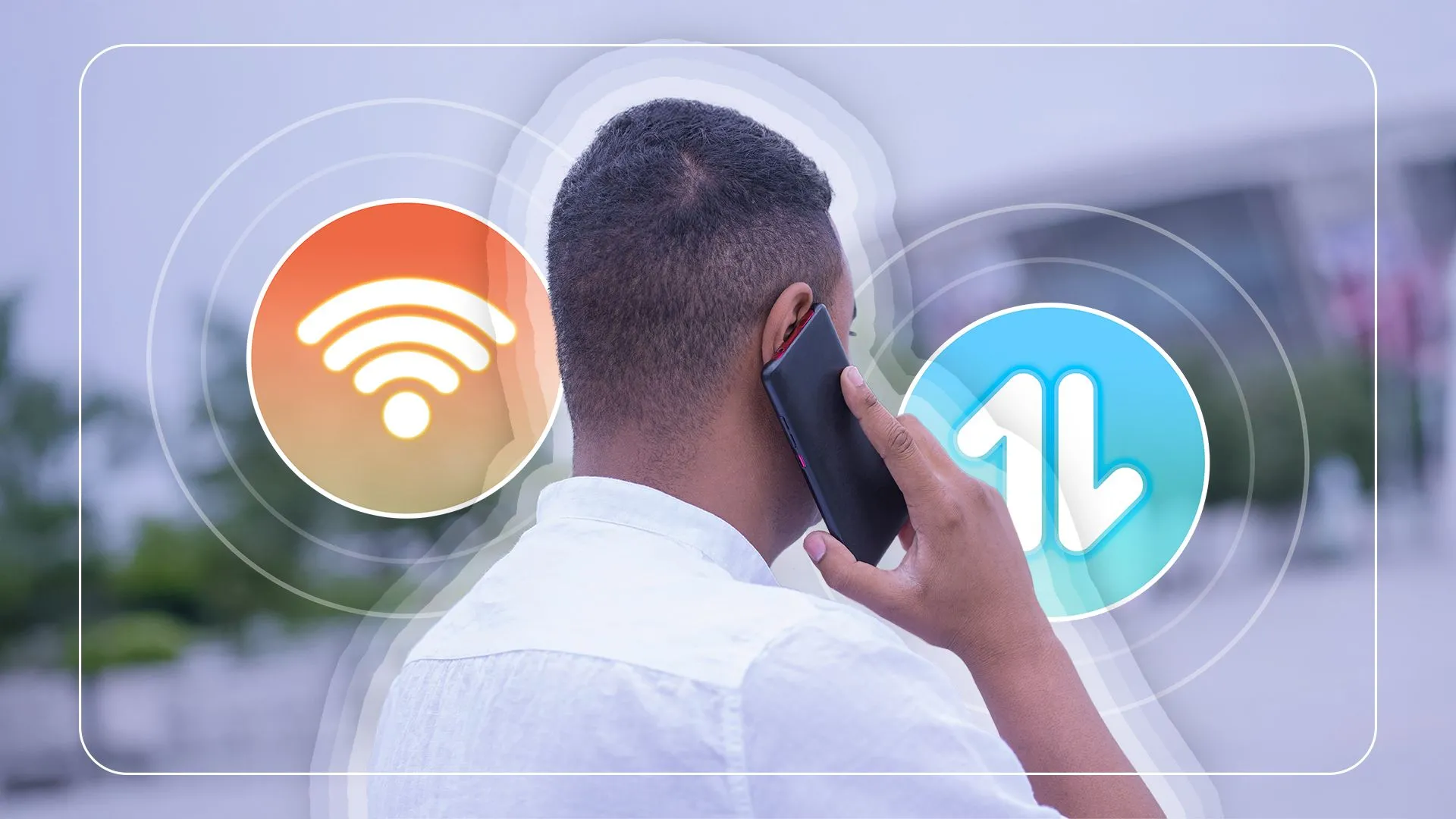 Người đàn ông đang gọi điện thoại, biểu tượng kết nối giữa Wi-Fi và dữ liệu di động không giới hạn.