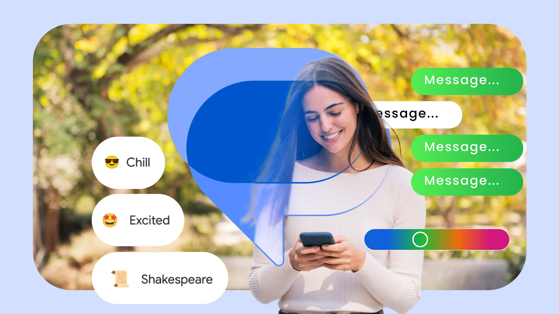Người phụ nữ đang sử dụng điện thoại thông minh, xung quanh là các bong bóng tin nhắn và biểu tượng Google Messages, minh họa cho việc cá nhân hóa ứng dụng.