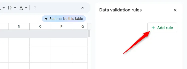 Nhấn &quot;Thêm quy tắc&quot; trong cửa sổ Quy tắc xác thực dữ liệu của Google Sheets