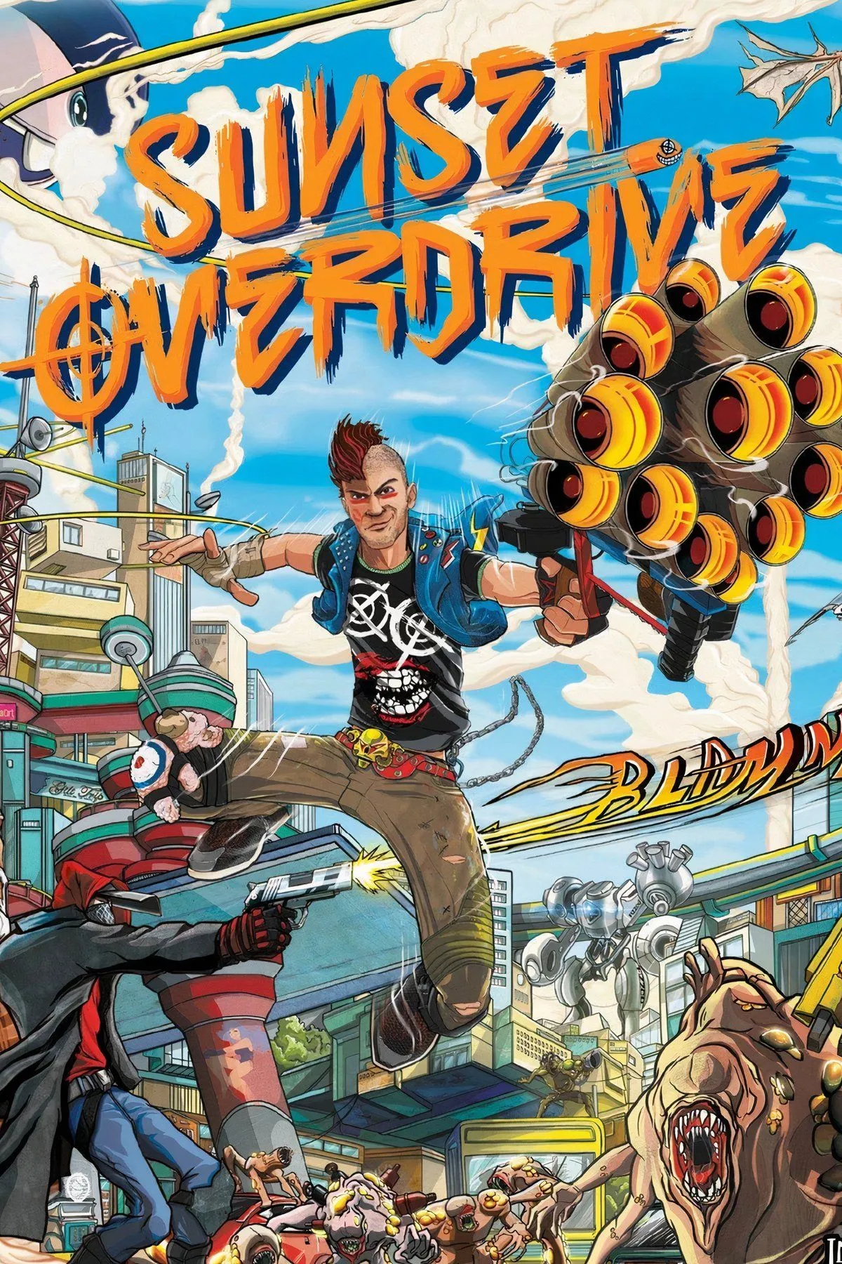Nhân vật chính đang trượt trên lan can trong một thành phố đầy màu sắc của Sunset Overdrive