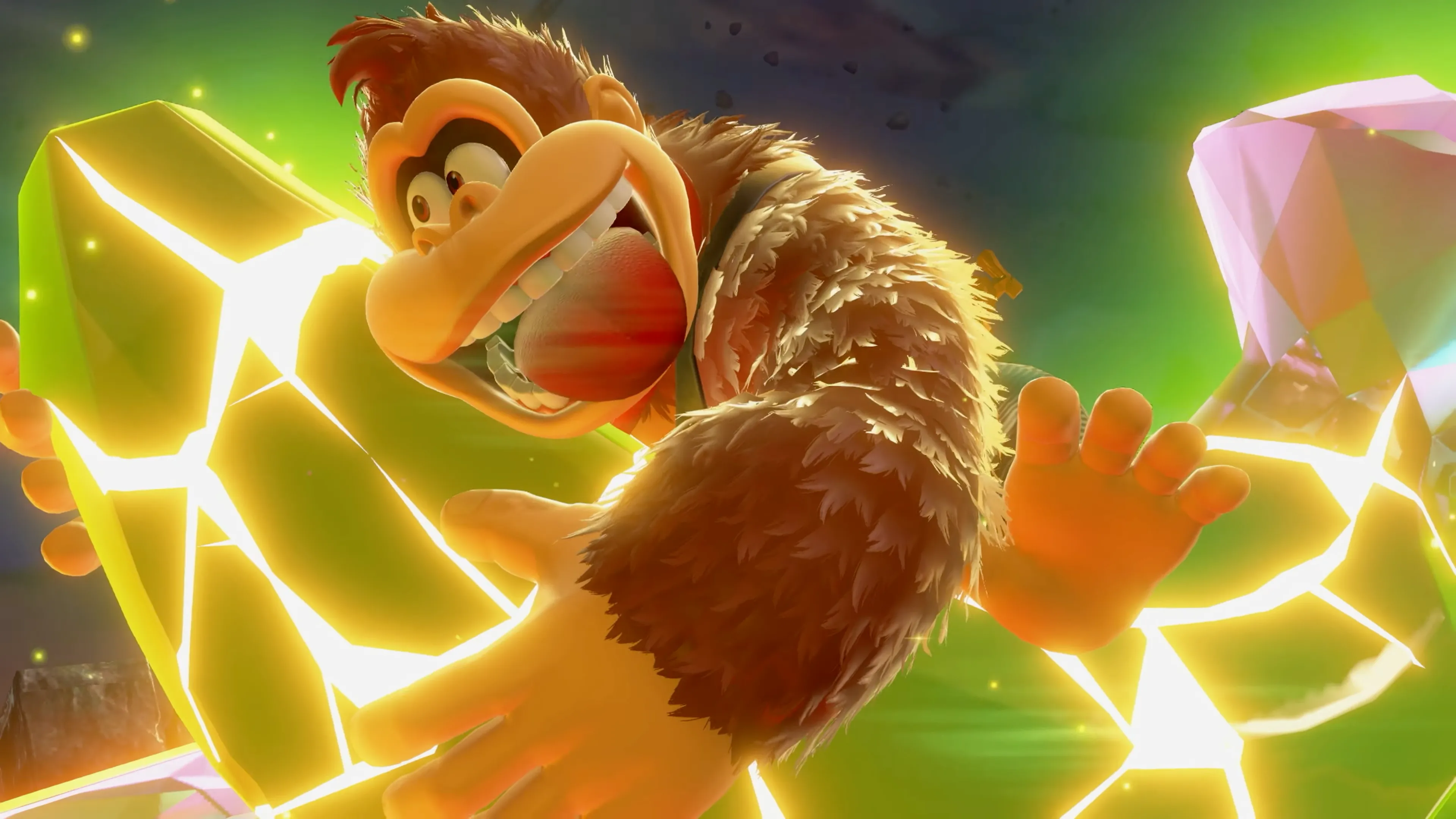 Nhân vật Donkey Kong trong tựa game Donkey Kong Bananza, đang ôm một quả chuối khổng lồ.
