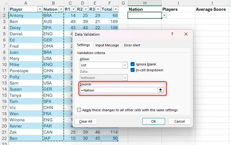 Nhập Named Range vào trường Source của Data Validation trong Excel